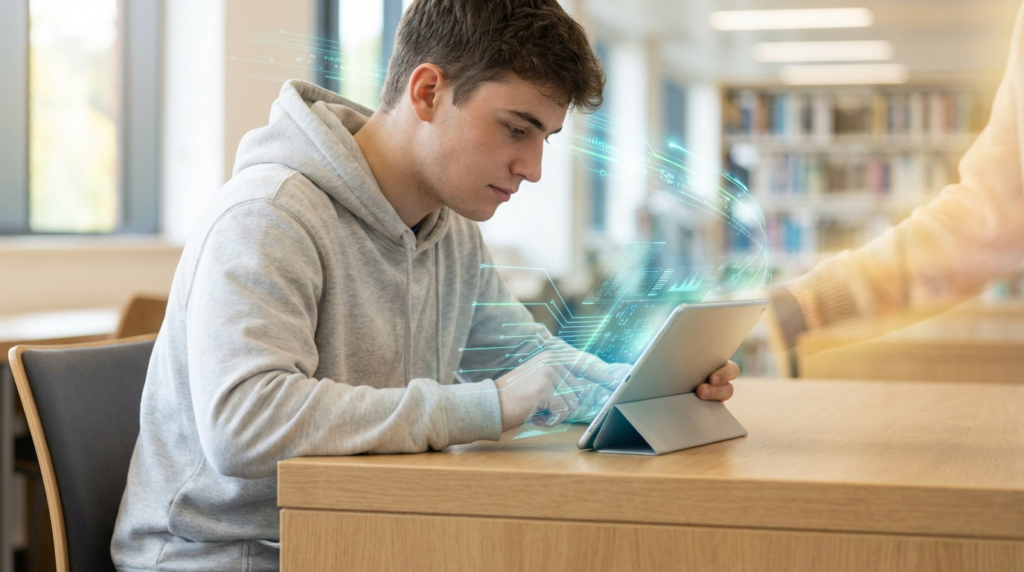Young student uses tablet with glowing AI data, guided by a subtle, warm light from an implied hand in a modern study space.