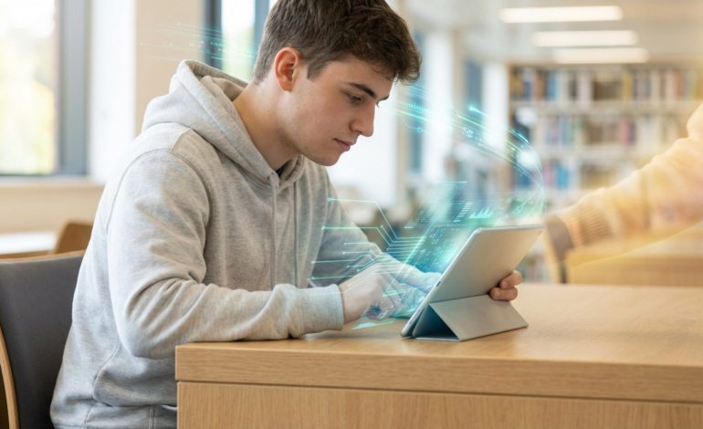 Young student uses tablet with glowing AI data, guided by a subtle, warm light from an implied hand in a modern study space.