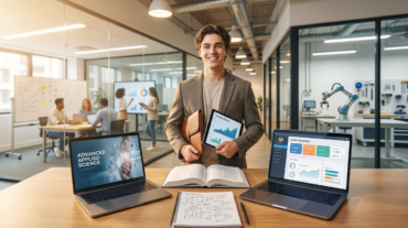 Confident young man in a modern academic-professional setting, holding a tablet with data and a briefcase, surrounded by laptops and books.