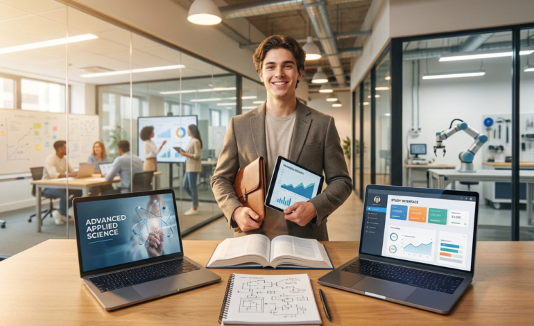 Confident young man in a modern academic-professional setting, holding a tablet with data and a briefcase, surrounded by laptops and books.