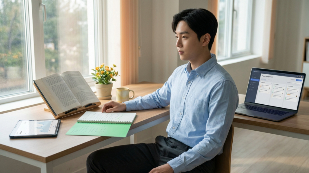 Young student in light blue shirt, dark pants, focused at a modern desk with a textbook, tablet, notes, and a laptop showing project management. Bright room with natural light.
