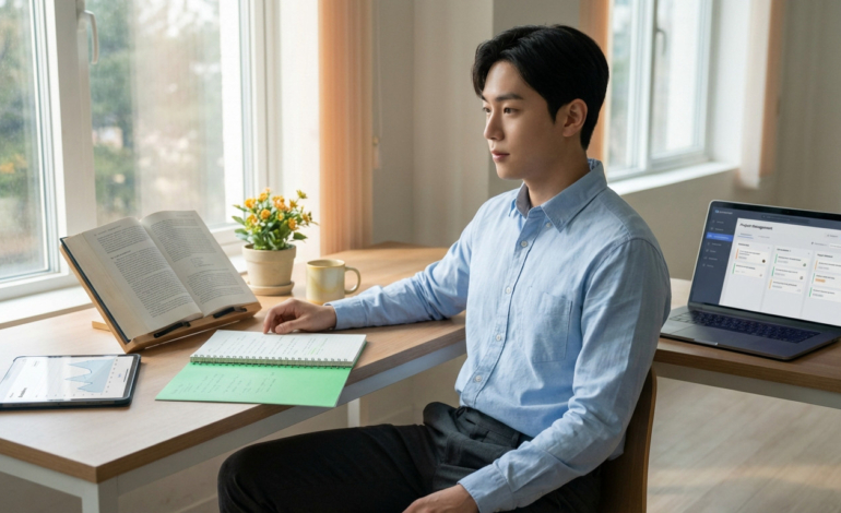 Young student in light blue shirt, dark pants, focused at a modern desk with a textbook, tablet, notes, and a laptop showing project management. Bright room with natural light.