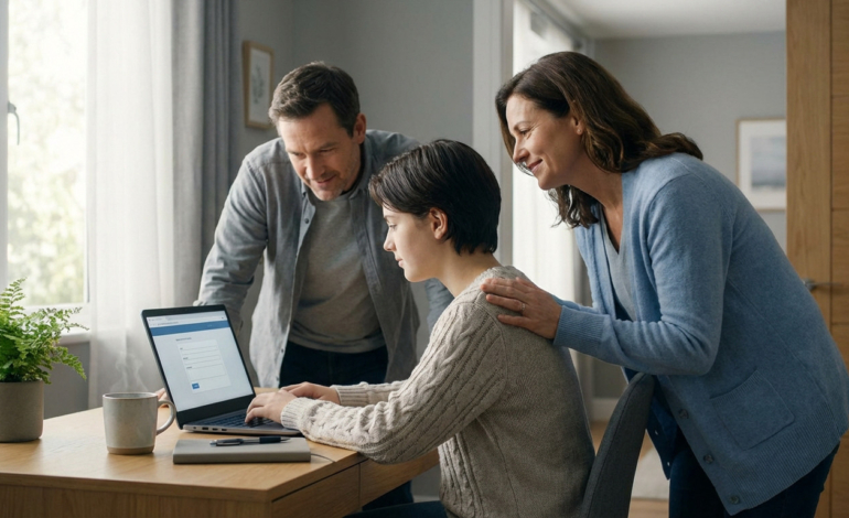 A teenager uses a laptop at a desk with a plant and mug. Two adults stand beside, offering support and looking at the screen.