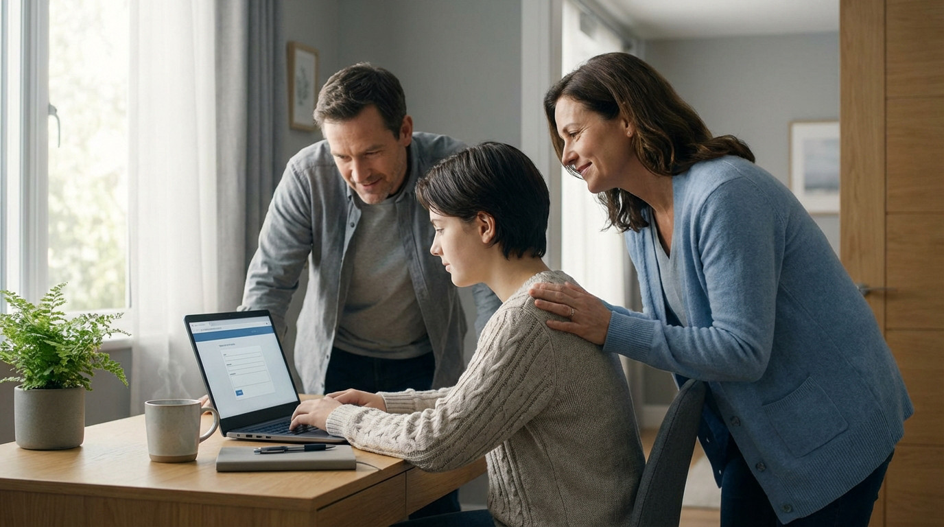 A teenager uses a laptop at a desk with a plant and mug. Two adults stand beside, offering support and looking at the screen.