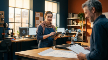 Young woman with tablet discussing with a man in a modern tech workshop featuring a robotic arm, 3D printer, and computers.
