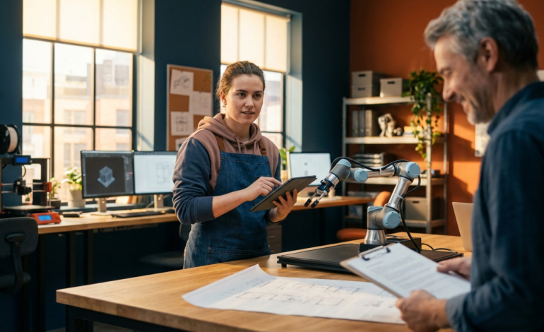 Young woman with tablet discussing with a man in a modern tech workshop featuring a robotic arm, 3D printer, and computers.