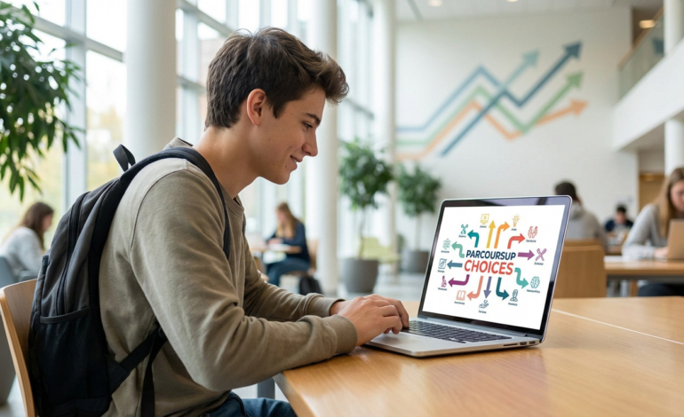 Young student focused on laptop displaying 'Parcoursup Choices' infographic. Modern, bright study environment with upward arrows.