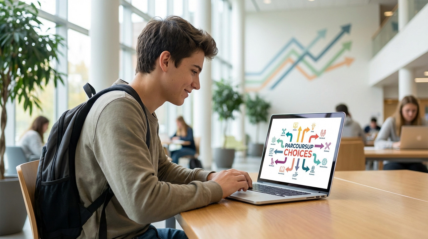 Young student focused on laptop displaying 'Parcoursup Choices' infographic. Modern, bright study environment with upward arrows.