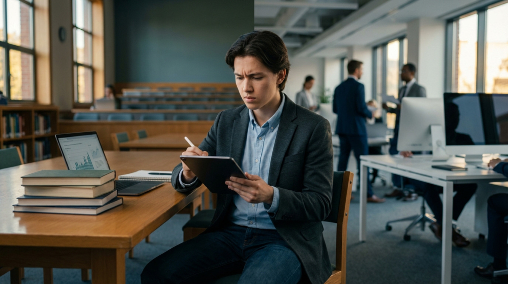 Young person intently using a tablet, foregrounded against a dynamic split background of a university library and a modern office.