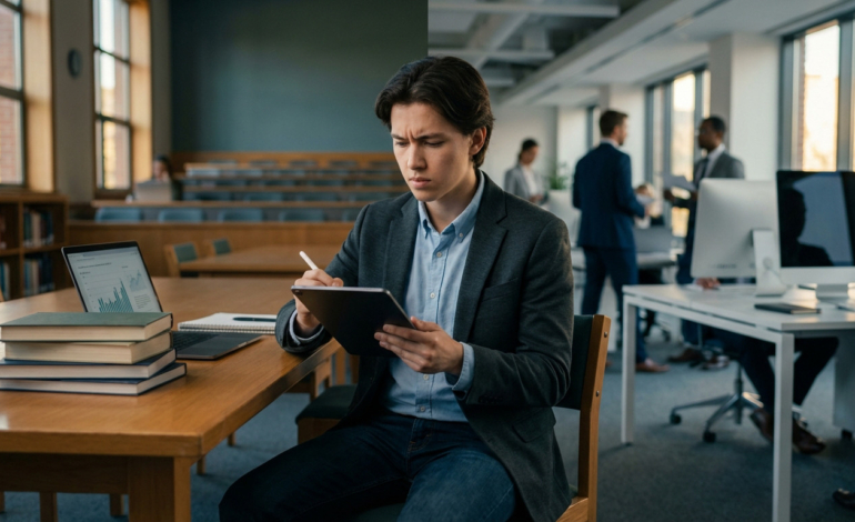 Young person intently using a tablet, foregrounded against a dynamic split background of a university library and a modern office.