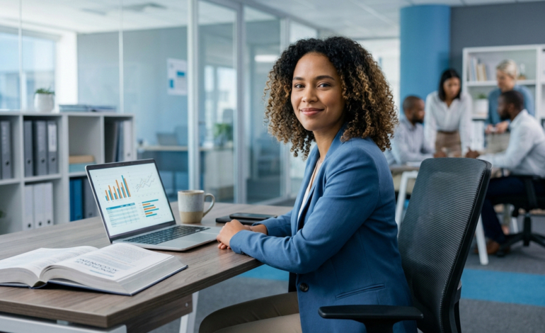Femme noire souriante travaillant sur un laptop affichant des graphiques, un livre de compta ouvert, dans un bureau moderne.