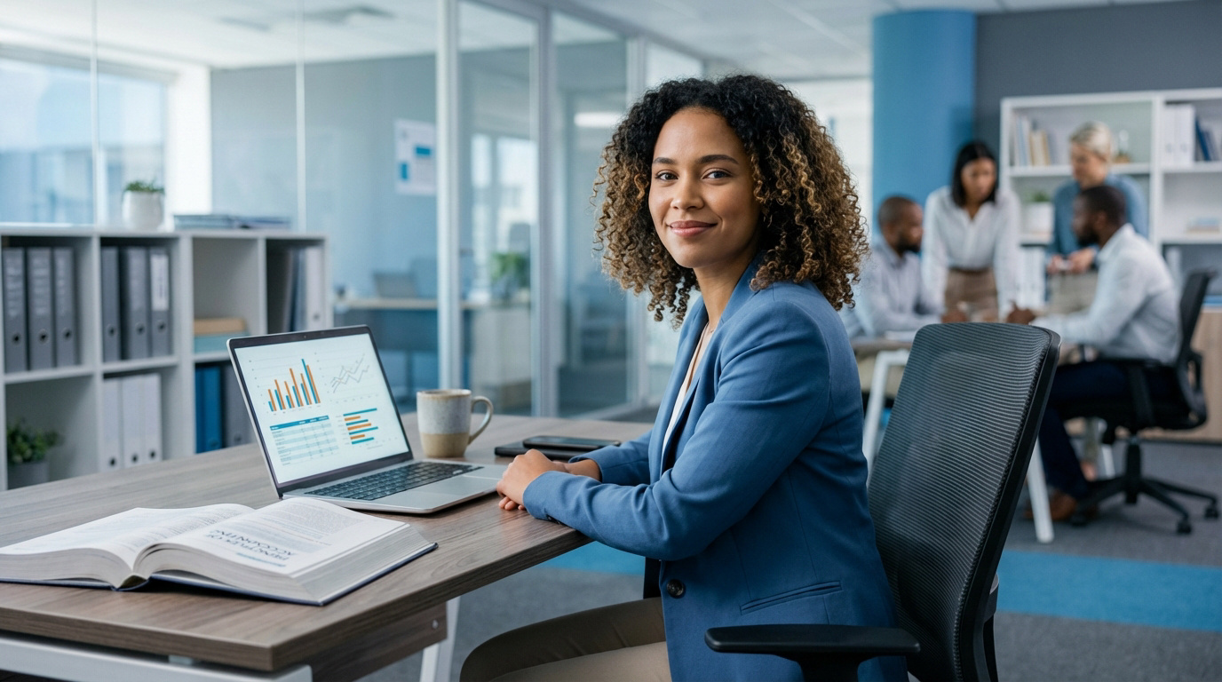 Femme noire souriante travaillant sur un laptop affichant des graphiques, un livre de compta ouvert, dans un bureau moderne.
