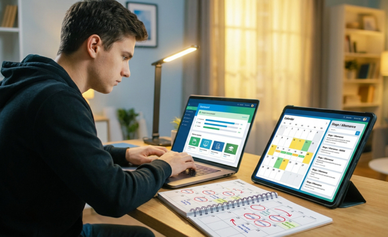 Focused student at a desk, using a laptop for studies and a tablet for job search, with a physical planner for deadlines.