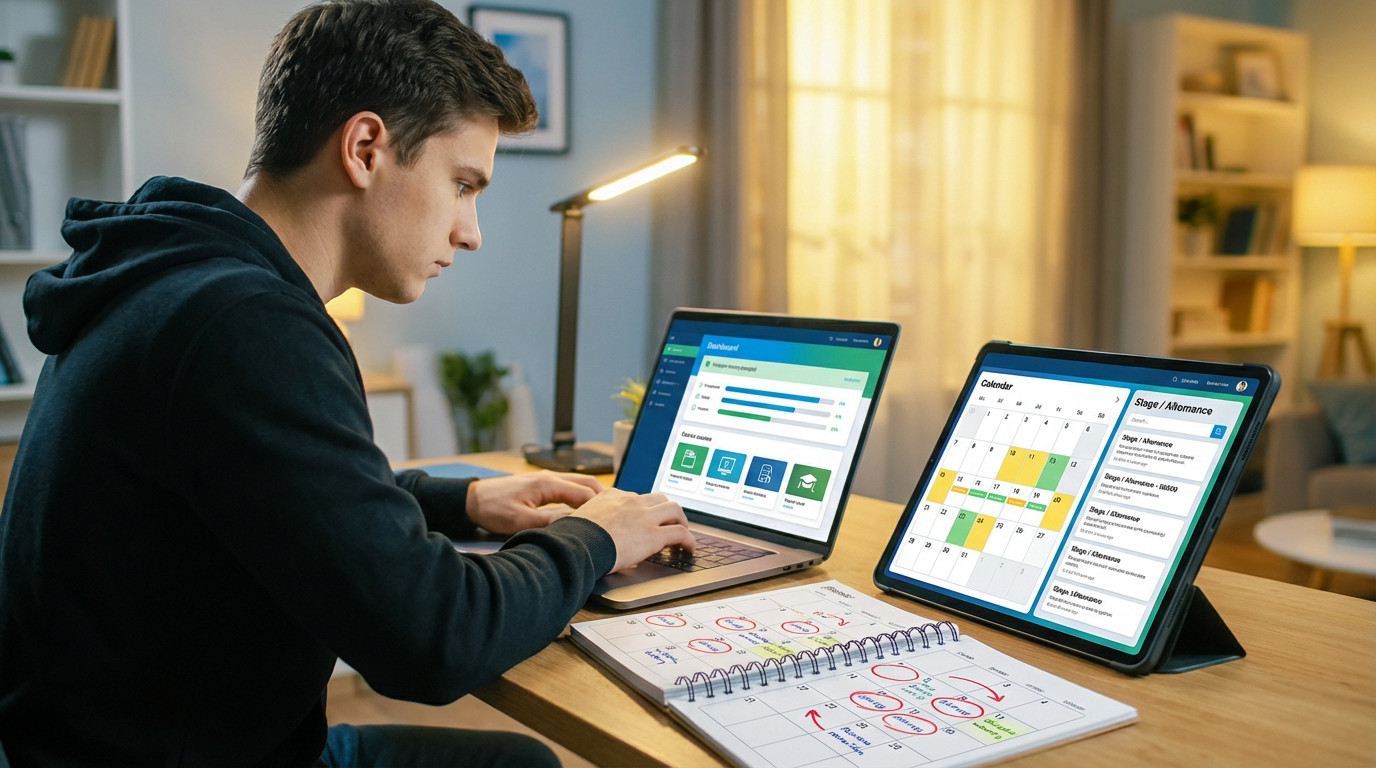 Focused student at a desk, using a laptop for studies and a tablet for job search, with a physical planner for deadlines.