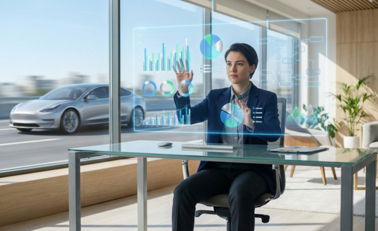 Un professionnel analyse des graphiques holographiques 3D pour la gestion dans un bureau moderne et lumineux. Une voiture passe à l'extérieur.