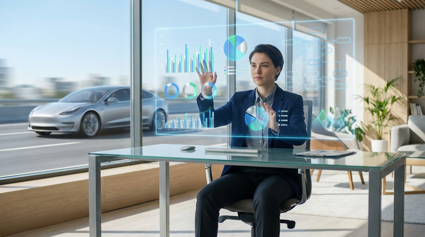 Personne en costume interagissant avec un affichage holographique de données (graphiques, diagrammes) dans un bureau moderne et lumineux. Voiture visible dehors.