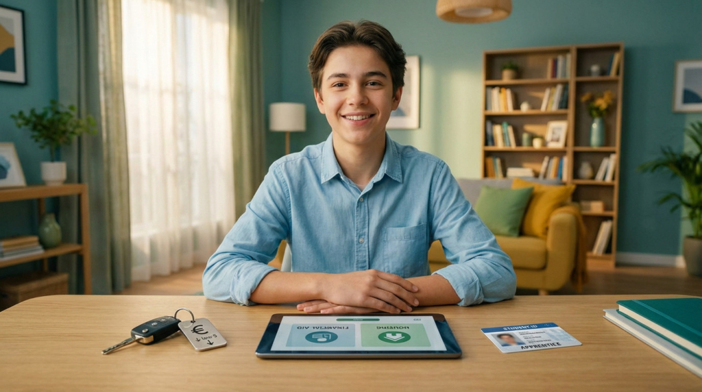 Smiling young apprentice at a desk with car keys (low cost tag), a tablet showing financial aid, and an ID card.