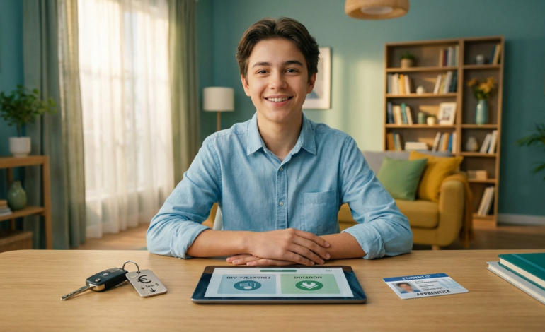 Smiling young apprentice at a desk with car keys (low cost tag), a tablet showing financial aid, and an ID card.