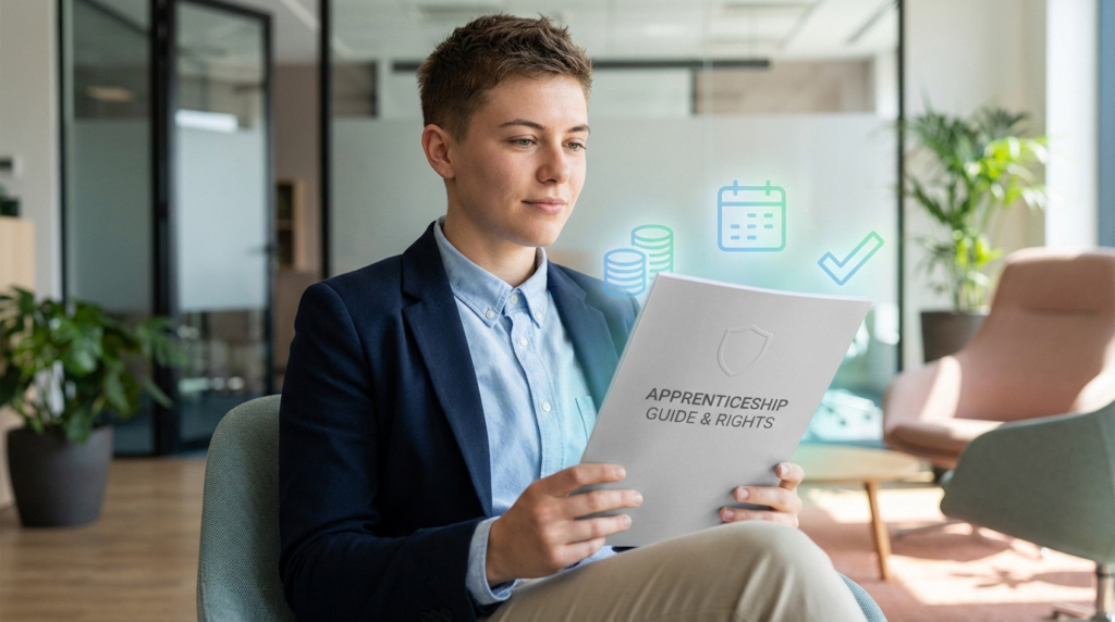 Young adult in smart casual attire reviewing an apprenticeship guide, with icons for salary, holidays, and rights, in a modern office.