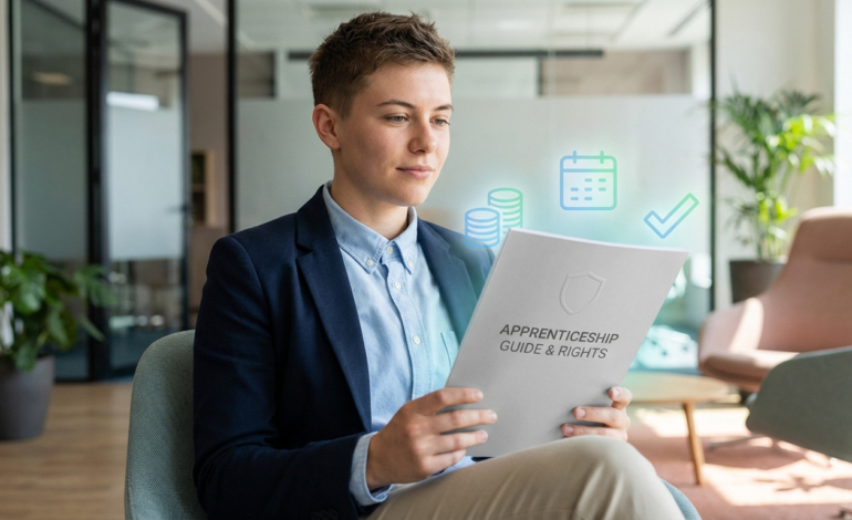 Personne lisant un 'Guide des droits de l'apprentissage' avec des icônes de salaire, calendrier et coche symbolisant les congés et la protection.