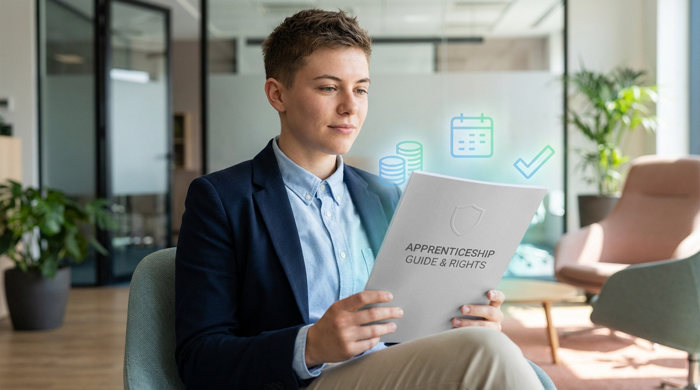 Young adult in smart casual attire reviewing an apprenticeship guide, with icons for salary, holidays, and rights, in a modern office.