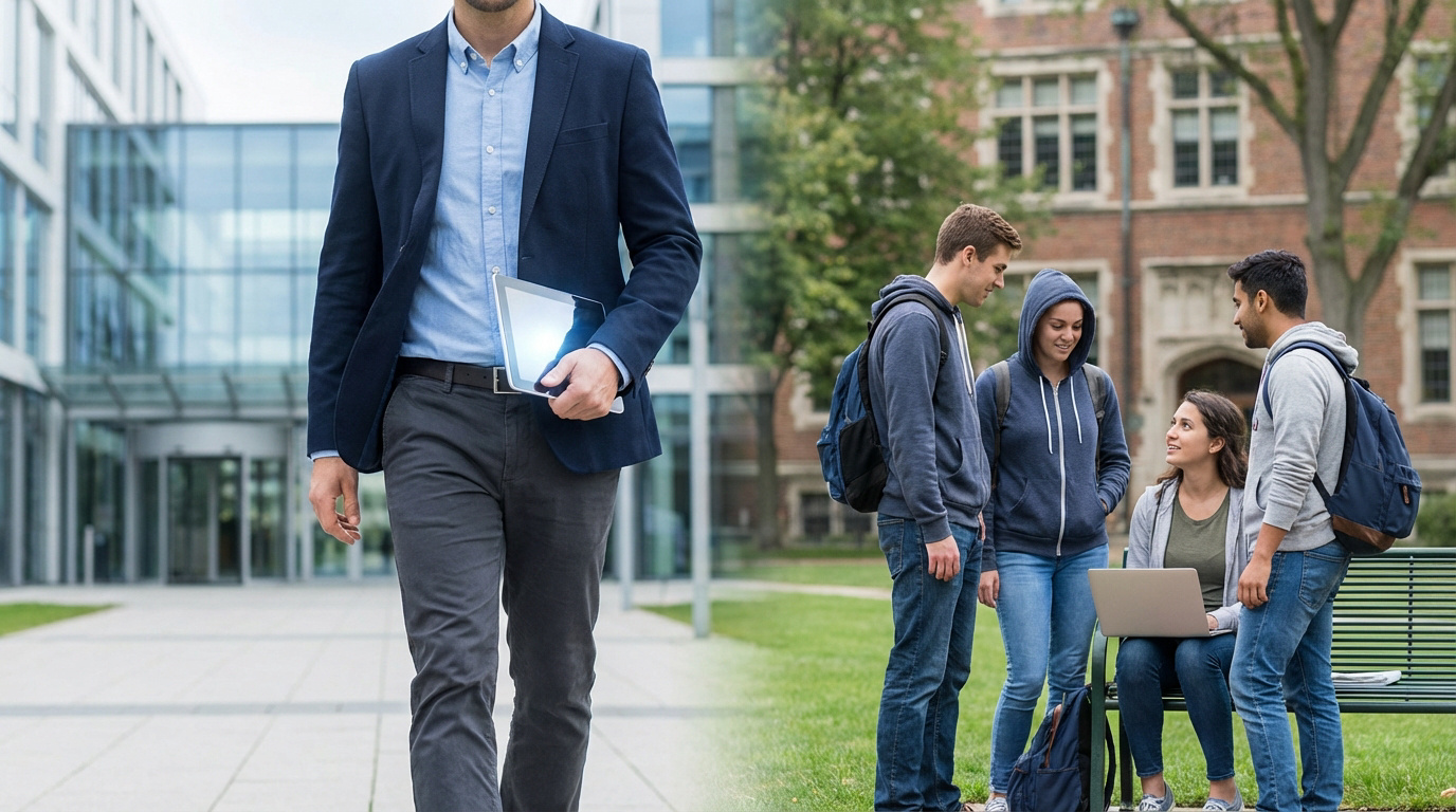 À gauche, un professionnel en costume marche. À droite, des étudiants sur un campus discutent près d'un ordinateur portable.