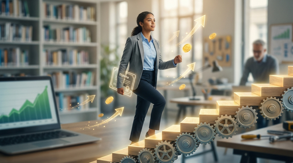 Femme d'affaires montant des marches avec diplôme, entourée de flèches de croissance et de pièces d'or, symbolisant succès et apprentissage.