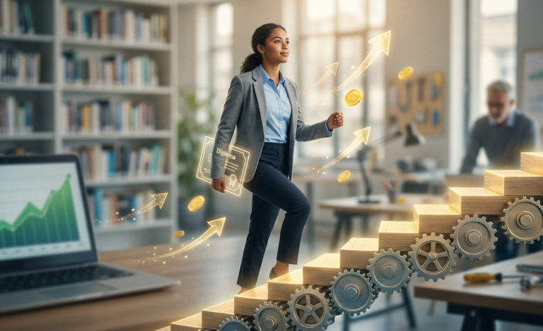 Femme d'affaires montant des marches avec diplôme, entourée de flèches de croissance et de pièces d'or, symbolisant succès et apprentissage.