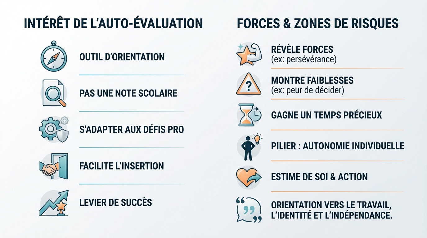 Schéma illustrant l'intérêt de l'auto-évaluation pour identifier ses forces et ses risques