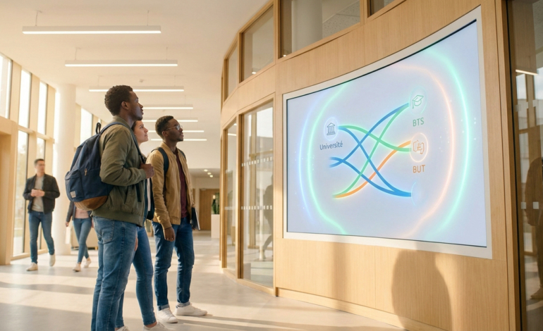 Trois étudiants attentifs devant un écran interactif montrant les parcours post-bac (Université, BTS, BUT) dans un hall d'établissement.