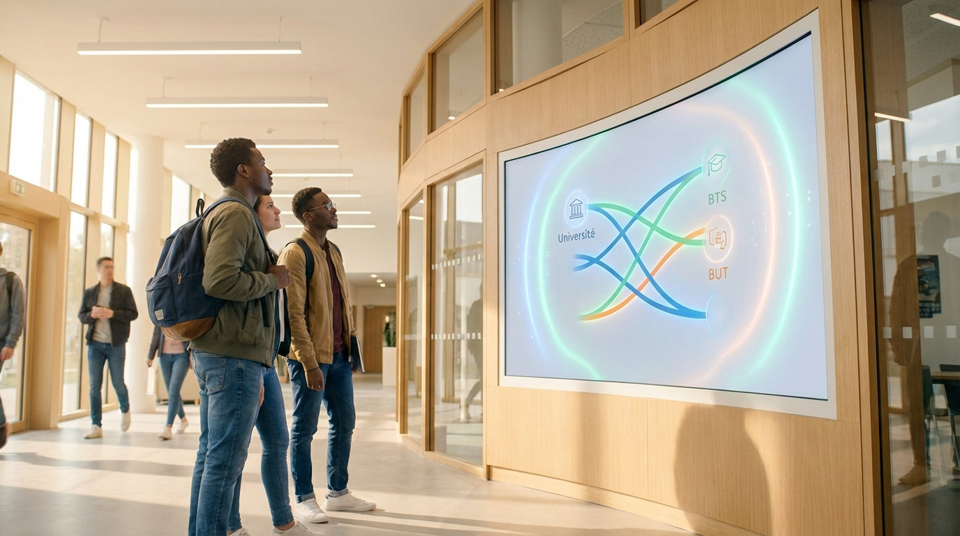 Trois étudiants attentifs devant un écran interactif montrant les parcours post-bac (Université, BTS, BUT) dans un hall d'établissement.