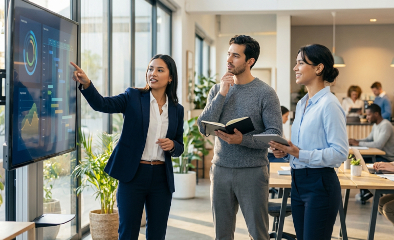 Une femme pointe des graphiques sur un écran lors d'une réunion avec deux collègues dans un bureau lumineux et moderne.
