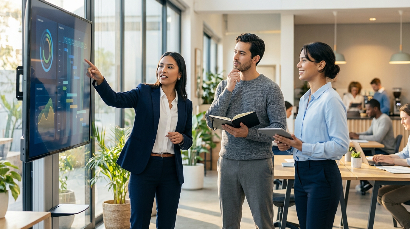 Une femme pointe des graphiques sur un écran lors d'une réunion avec deux collègues dans un bureau lumineux et moderne.