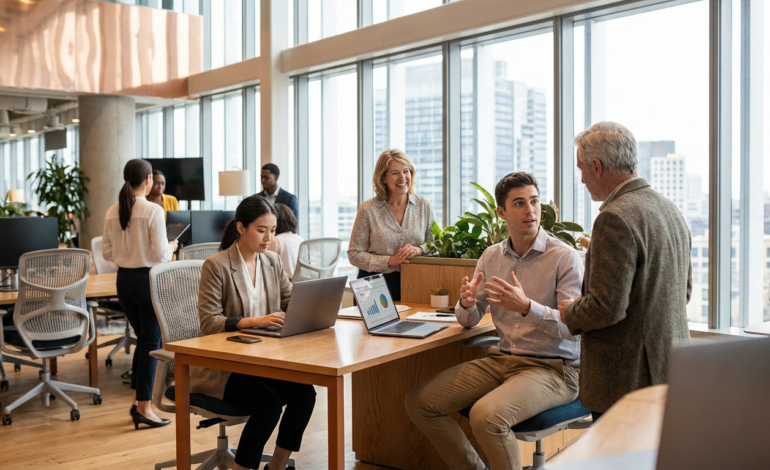 Des professionnels de différentes générations échangent et travaillent dans un bureau moderne et lumineux, symbolisant l'alternance.