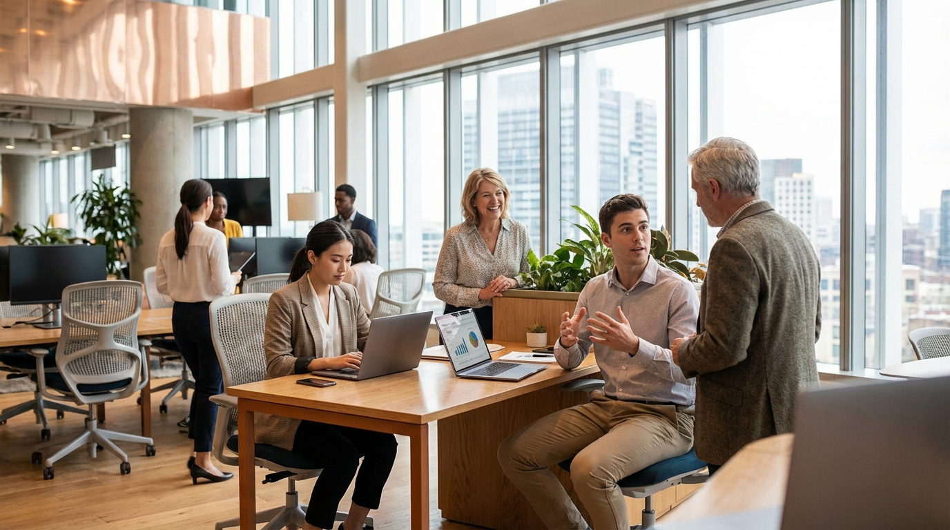 Des professionnels de différentes générations échangent et travaillent dans un bureau moderne et lumineux, symbolisant l'alternance.