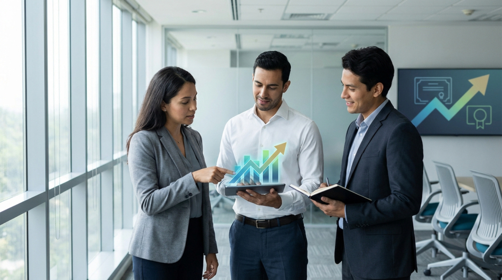 Trois professionnels en réunion. Une femme pointe un graphique 3D de croissance sur une tablette tenue par un homme. Un diplôme est affiché.