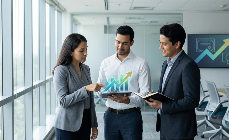 Des professionnels analysent des données de croissance sur tablette, avec un graphique ascendant et un diplôme à l'écran.
