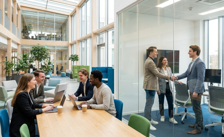 Diverse young adults collaborate in a bright university atrium and network in a modern office, symbolizing student and professional integration.