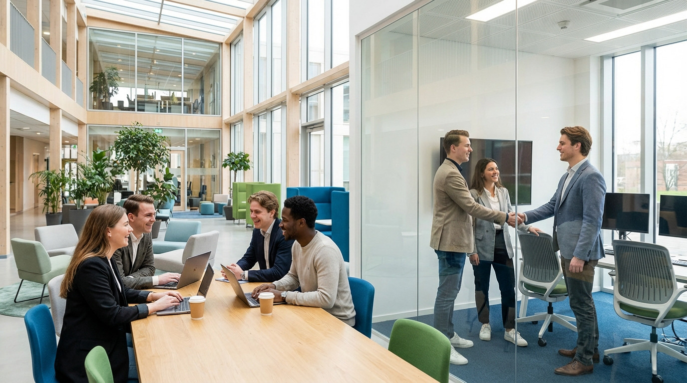 Diverse young adults collaborate in a bright university atrium and network in a modern office, symbolizing student and professional integration.