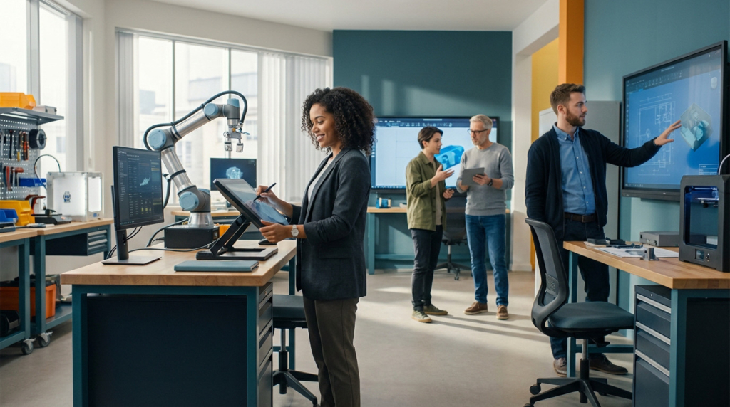 Diverse young adults and mentor collaborate in a vibrant, high-tech apprenticeship lab, using digital tools and robotics for practical learning.