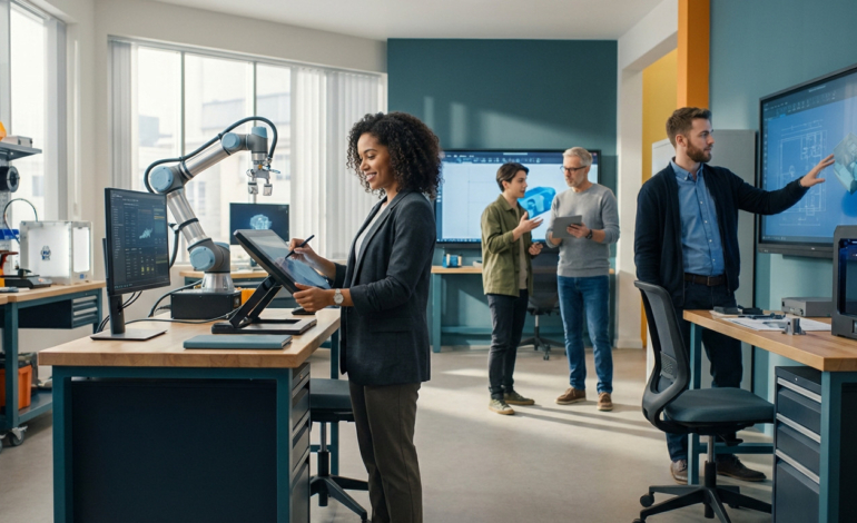 Diverse young adults and mentor collaborate in a vibrant, high-tech apprenticeship lab, using digital tools and robotics for practical learning.