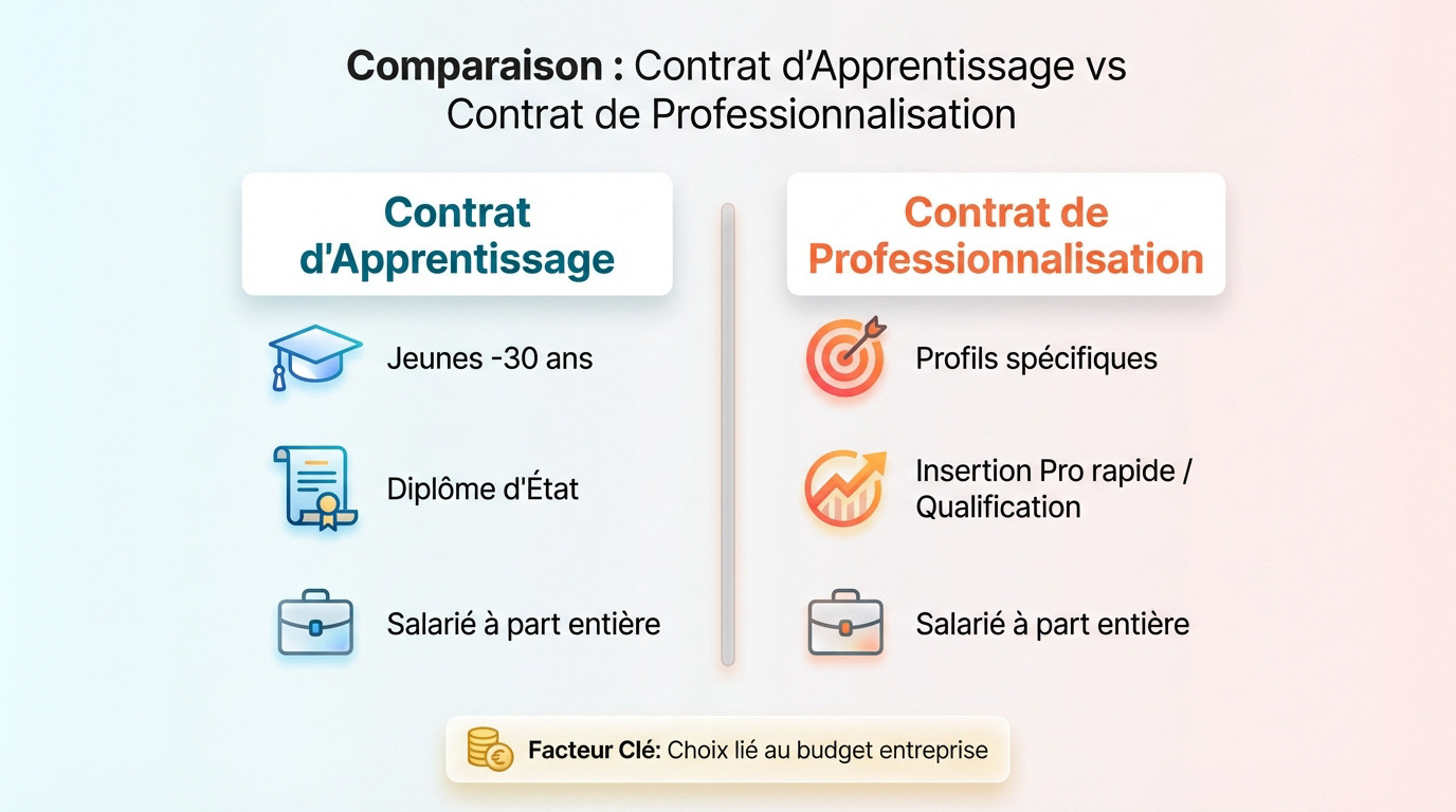 Tableau comparatif entre le <strong>contrat d&rsquo;apprentissage</strong> et le contrat de professionnalisation pour les jeunes »></p>
<p>Une fois décidé, il faut <strong>choisir le contrat adapté</strong> à ton profil et tes objectifs.</p>
<h3>Le contrat d&rsquo;apprentissage pour les moins de 30 ans</h3>
<p>Voie royale après le lycée, il permet d&rsquo;obtenir un diplôme d&rsquo;État en alternant cours et terrain. Accessible jusqu&rsquo;à 29 ans, <strong>tu deviens un salarié à part entière avec un vrai salaire</strong>.</p>
<p>Retrouve les détails du <a href=