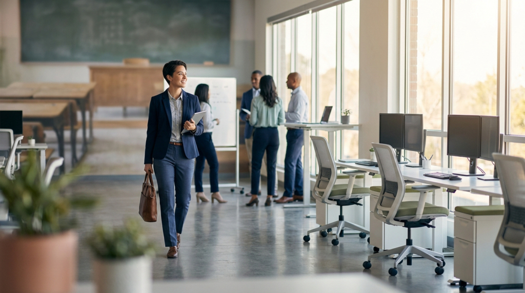Femme en costume souriante marche d'une salle de classe vers un bureau open-space moderne avec des collègues.