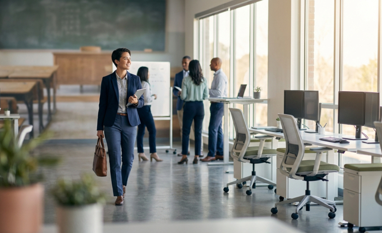 Femme en costume souriante marche d'une salle de classe vers un bureau open-space moderne avec des collègues.