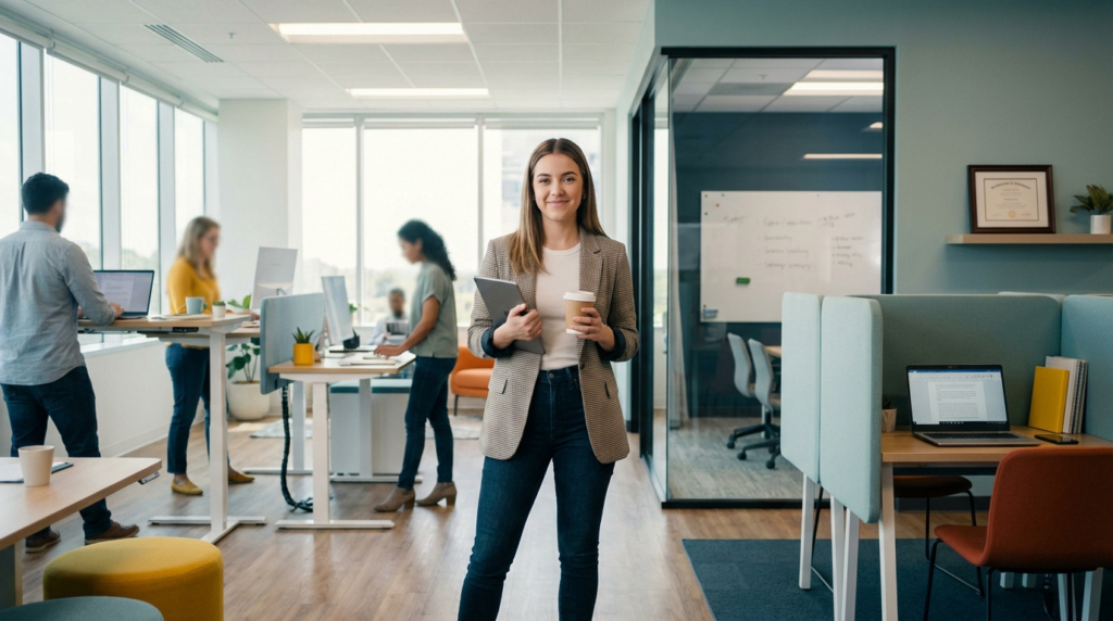 Jeune femme souriante tenant tablette et café dans un bureau moderne et lumineux. Des collègues travaillent aux bureaux en arrière-plan.