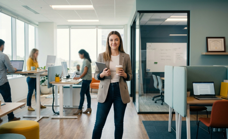 Jeune femme souriante tenant tablette et café dans un bureau moderne et lumineux. Des collègues travaillent aux bureaux en arrière-plan.