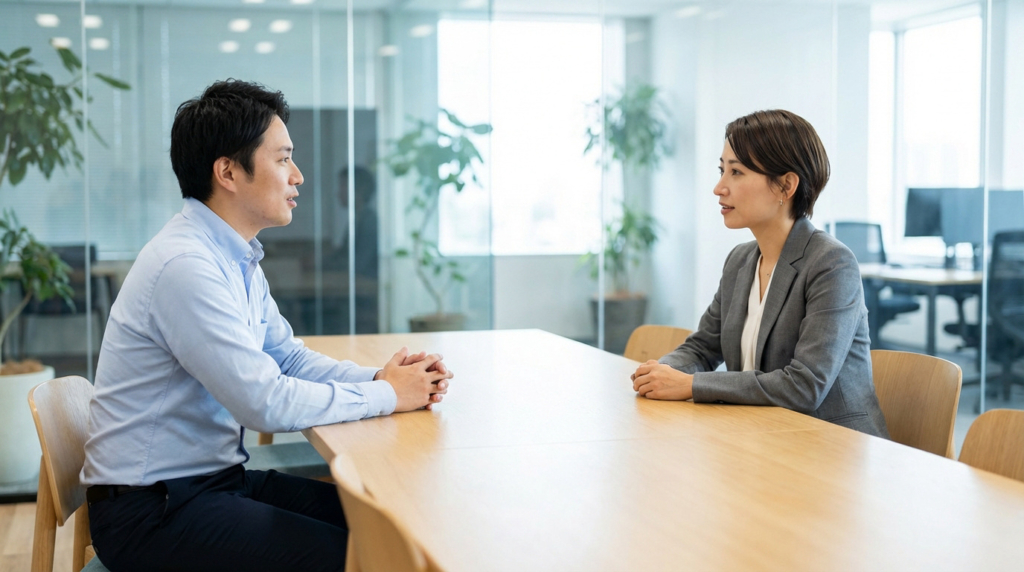 Deux personnes, un homme et une femme, discutent calmement face à face à une table de réunion dans un bureau moderne et lumineux.