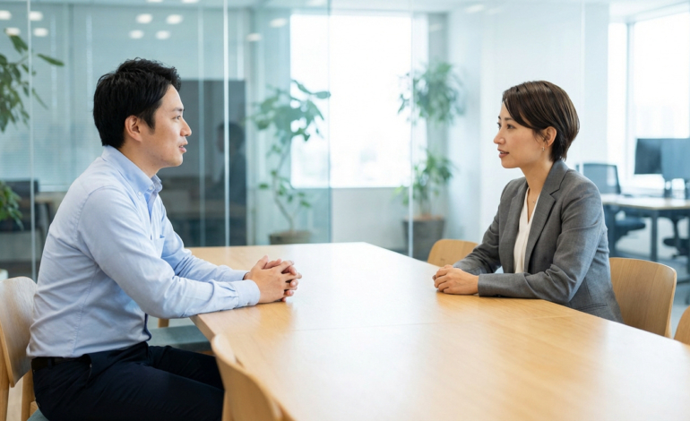 Deux personnes, un homme et une femme, discutent calmement face à face à une table de réunion dans un bureau moderne et lumineux.