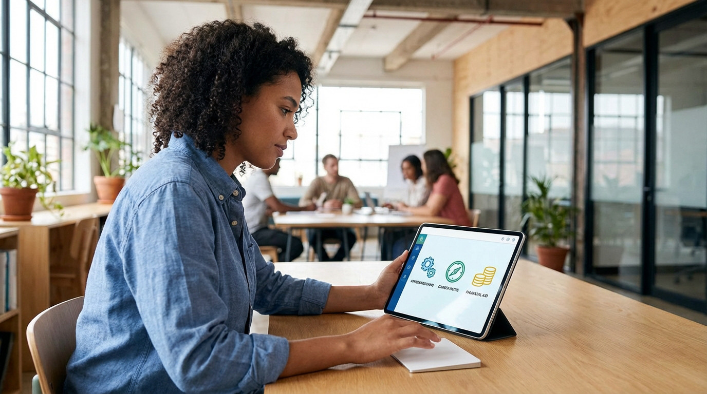 Young woman intently viewing a tablet with career, apprenticeship, and financial aid options in a bright co-working space.
