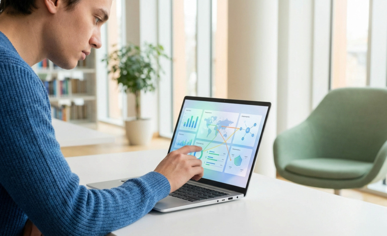 Young man focused on a laptop screen with abstract data visualizations, charts, and a world map in a bright, modern library setting.